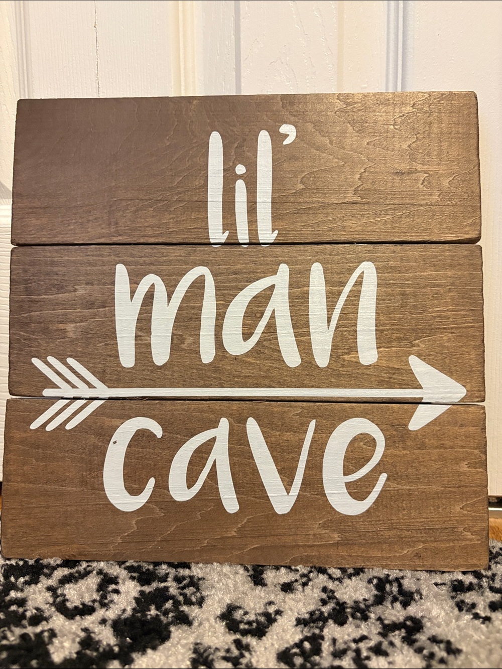 Lil' Man Cave Wooden Wall Sign - Brown and White